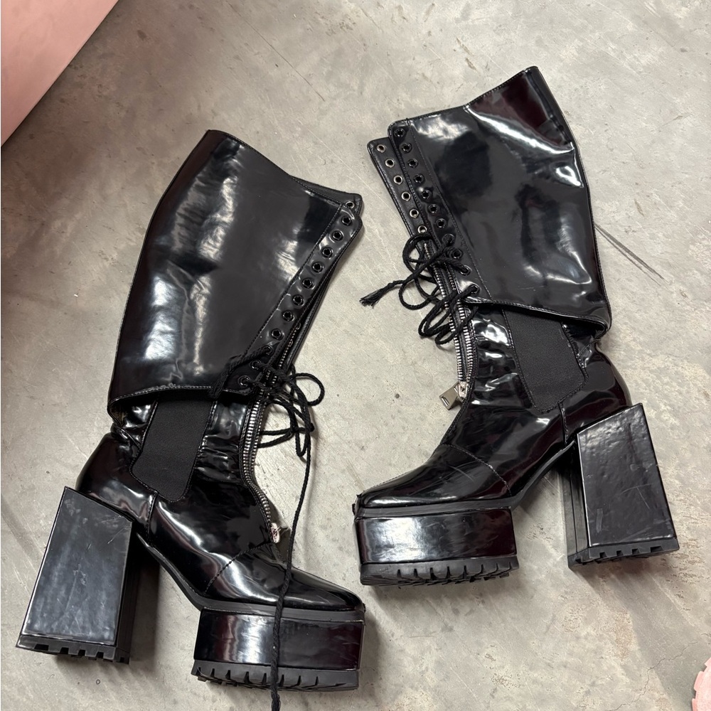 Dolls Kill Shiny Black Platform Heeled Boots